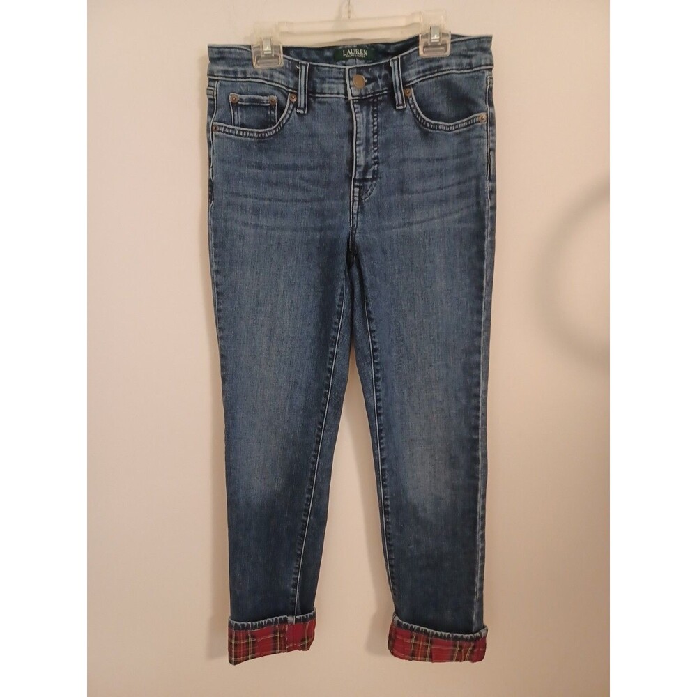Lauren Ralph Lauren Premier Straight Ankle Jeans Womens 4 Tartan Plaid Pant Cuff